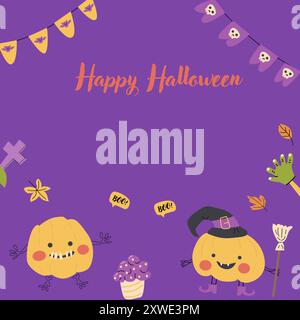Modèle de carte mignon pour enfants Halloween Party. Personnages de dessins animés citrouilles en costume de vacances d'halloween et bonbons effrayants. Monstres mignons pour l'automne automne Illustration de Vecteur