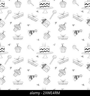 Motif de célébration d'anniversaire Doodle. Modèle sans couture avec des cadeaux, des gâteaux avec des bougies, des chapeaux de vacances. Pour le papier d'emballage, les cartes de vœux, les fonds d'écran. Illustration de Vecteur