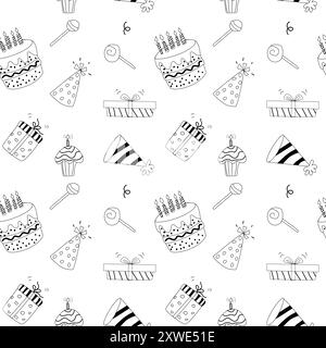 Motif de célébration d'anniversaire Doodle. Modèle sans couture avec des cadeaux, des gâteaux avec des bougies, des chapeaux de vacances. Pour le papier d'emballage, les cartes de vœux, les fonds d'écran. Illustration de Vecteur