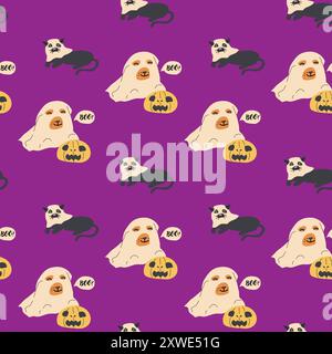 Motif d'halloween pour enfants avec des personnages mignons. Citrouilles et chien en costume d'halloween. Motif sans couture enfantin mignon. Illustration de Vecteur