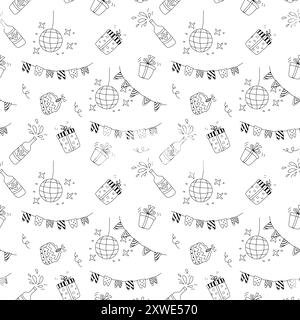 Motif de célébration d'anniversaire Doodle. Modèle sans couture avec des cadeaux, des gâteaux avec des bougies, des chapeaux de vacances. Pour le papier d'emballage, les cartes de vœux, les fonds d'écran. Illustration de Vecteur