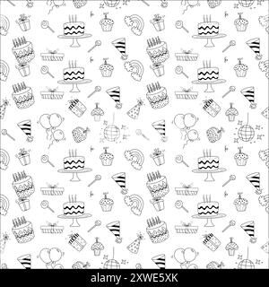 Motif de célébration d'anniversaire Doodle. Modèle sans couture avec des cadeaux, des gâteaux avec des bougies, des chapeaux de vacances. Pour le papier d'emballage, les cartes de vœux, les fonds d'écran. Illustration de Vecteur