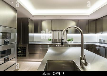 Cuisine moderne élégante en acier inoxydable dans la maison britannique de luxe. Londres, Royaume-Uni Banque D'Images