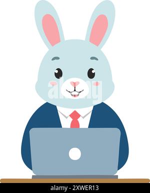 Joyeux lapin travaillant sur ordinateur portable. Un lapin de dessin animé mignon portant un costume et une cravate travaille sur un ordinateur portable. Il a l'air heureux et concentré sur son travail. Illustration de Vecteur