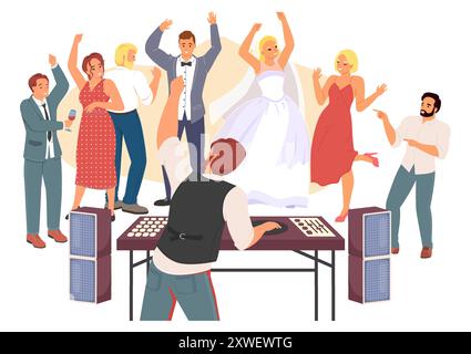 Célébration de fête de mariage avec dj mixant des pistes musicales sur la console de platine Illustration de Vecteur