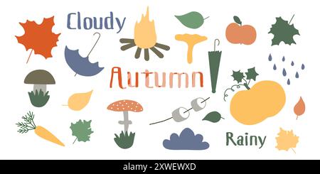 Ensemble vectoriel dessiné à la main d'éléments d'automne. Feuilles d'automne, champignons, érable, glands, baies, chêne, citrouilles. Temps de récolte. Illustration tendance colorée sur whi Illustration de Vecteur