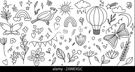 Dessin fantaisiste en noir et blanc représentant des papillons, des fleurs, des arcs-en-ciel, des oiseaux, des coeurs, étoiles, et une montgolfière, parfait pour la coloration Illustration de Vecteur