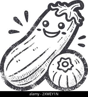 Caractère végétal souriant de courgette de style grunge avec texture, dessiné à la main rugueux avec effet d'impression granuleux. Illustration de Vecteur