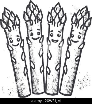 Caractère végétal souriant d'asperges de style grunge avec texture, dessiné à la main rugueux avec effet d'impression granuleux. Illustration de Vecteur
