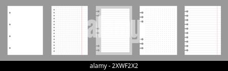 Ensemble de feuilles de carnet isolé sur fond gris. Blancs réalistes de papier à carreaux, ligné et à pois. Pages verticales différentes de l'agenda Illustration de Vecteur