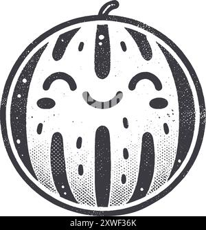 Personnage de fruit souriant de pastèque de style grunge avec texture, dessiné à la main rugueux avec effet d'impression granuleux. Illustration de Vecteur
