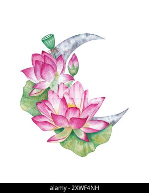 Lotus rose avec feuilles et lune. Croissant de lune floral. Signes et symboles ésotériques. Illustration d'aquarelle dessinée à la main isolée sur fond blanc. F Banque D'Images