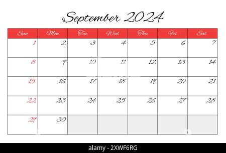 Septembre 2024 calendrier du mois ANGLAIS. Illustration imprimable vectorielle. Planification mensuelle de vos événements d'affaires Illustration de Vecteur