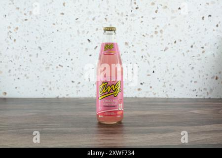 Los Angeles, Californie, États-Unis - 04-14-2024 : une vue d'une bouteille de soda Pink Ting, dans un menu. Banque D'Images