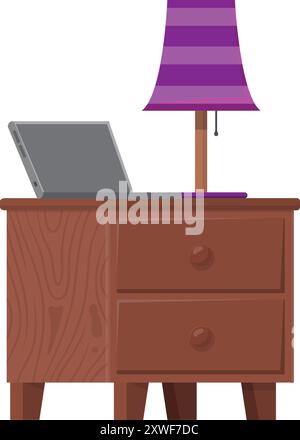 Table de chevet avec ordinateur portable. Commode en bois. Coffre de tiroir Illustration de Vecteur