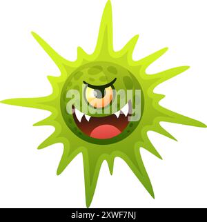 Virus vert maléfique avec visage de bande dessinée expression en colère Illustration de Vecteur