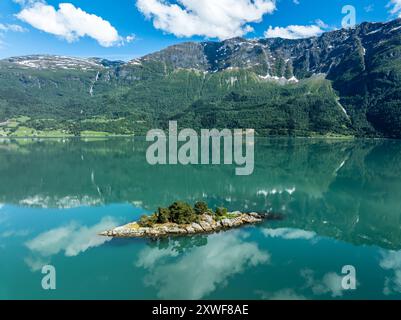Vue aérienne sur le Lustrafjord, la branche intérieure du Sognefjord, île arborée, près de Dalsören, Sognefjord, Norvège Banque D'Images