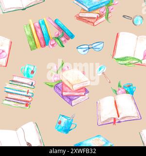 Livres piles et ouvrir, fleurs tulipes, tasses de thé, café, verres et loupe. Motif sans couture d'illustration d'aquarelle sur fond beige Banque D'Images