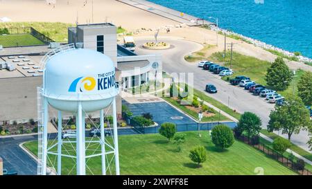 Vue aérienne du château d'eau de Kenosha et de la plage du lac Michigan Banque D'Images