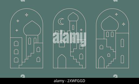 Panorama de ville arabe, paysage, mosquée, maison. Fenêtre, arche, cadre avec nuit marocaine. Illustration vectorielle pour carte mubarac eid, bannière. Illustration de Vecteur
