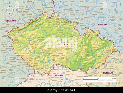 Carte physique détaillée de Tchéquie Illustration de Vecteur