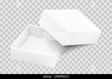 Boîte ouverte carrée en carton, modèle de conception de maquette. Illustration 3d réaliste de vecteur de conteneur blanc sur fond transparent. Emballage moderne vierge Illustration de Vecteur