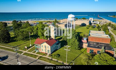 Vue aérienne du phare de Kenosha Southport et du château d'eau près du lac Michigan Banque D'Images