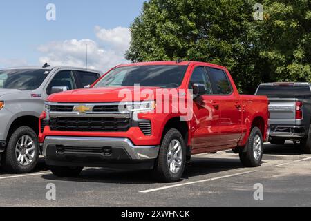 Plainfield - 11 août 2024 : présentoir à quatre roues motrices à cabine multiplace Silverado 1500 de Chevrolet. Chevrolet propose le Silverado 1500 avec un moteur V8 Ecotec3 de 5,3 L. MY:2024 Banque D'Images