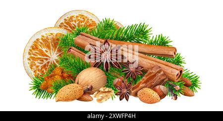 Temps de Noël et branches de sapin avec dates, cannelle, oranges, noix et anis étoilé isolés sur fond blanc Banque D'Images