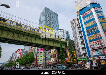 Train JR East Chuo-Sobu Line sur le pont traversant l'avenue Chuo-dori dans la ville électrique d'Akihabara près de la gare d'Akihabara dans le quartier Chiyoda de Tokyo, Japon. Banque D'Images