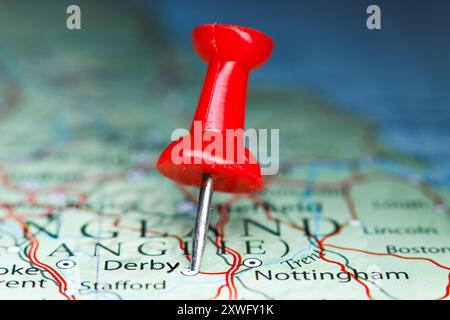 Derby, Angleterre pin sur la carte. Banque D'Images