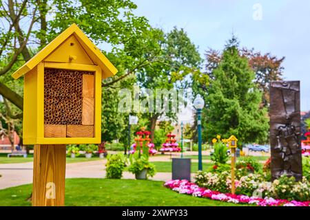 Yellow Insect House dans un parc urbain luxuriant avec de l'art et des fleurs, vue au niveau des yeux Banque D'Images