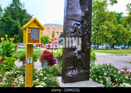 Nid d'abeilles urbain et sculpture dans Lush Park Low angle View Banque D'Images