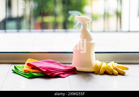un seau de produits de nettoyage sur une table contre le verre de fenêtre sale Banque D'Images
