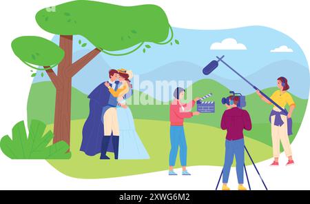 Tournage en extérieur. Production de scènes de films romantiques. Illustration vectorielle Illustration de Vecteur