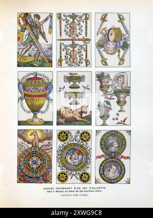 Jeu de cartes d'un jeu de 'Alluette'. Illustration vintage de cartes à jouer françaises du 19ème siècle Banque D'Images