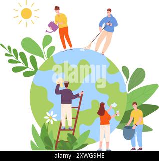 Les volontaires nettoient le monde. Planète écologie nature soignant isolé sur fond blanc Illustration de Vecteur