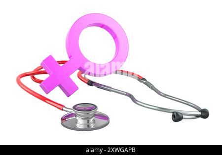 Symbole de genre féminin avec stéthoscope. Aide médicale aux femmes, concept. Rendu 3D isolé sur fond blanc Banque D'Images