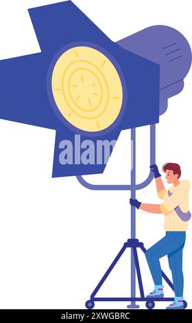 Homme avec projecteur de scène. Travailleur de scène de lampe électrique isolé sur fond blanc Illustration de Vecteur