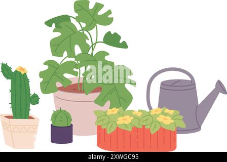 Plantes et équipement de jardin à la maison. Verdure urbaine de jungle isolé sur fond blanc Illustration de Vecteur