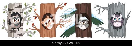 Oiseaux mignons en creux. Hiboux dans les arbres, dessins animés drôles d'oiseaux de proie nocturnes, parties de troncs avec des branches et des feuilles, hiver et saison d'été Illustration de Vecteur