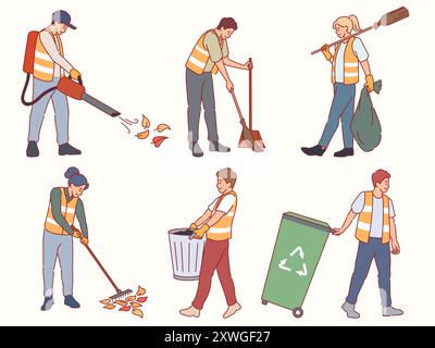 Nettoyeurs de rue. Les concierges en uniforme collectent les ordures de la ville, les professionnels aspirent les feuilles, balayent, déplacent les poubelles, nettoient l'environnement Illustration de Vecteur