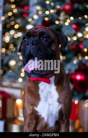 Photographie studio de vacances d'un chien boxeur avec thème de Noël Banque D'Images