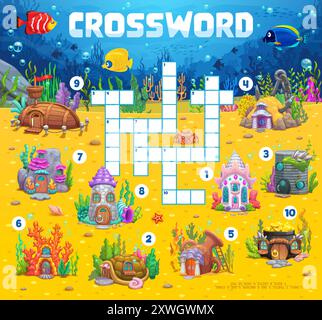 Grille de jeu de quiz de mots croisés avec des maisons de conte de fées sous-marines. Feuille de travail de mot de vecteur, puzzle d'enfants avec coquille, tortue, pot et ancre, roche de cruche et château, navire, pot et corail bâtiments de sirène fantaisistes Illustration de Vecteur