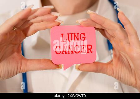 Papier avec texte CANCER DU POUMON sur fond bleu avec stéthoscope et pilules. Banque D'Images