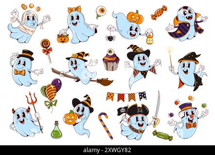 Personnages fantômes d'Halloween rétro de dessin animé avec un truc mignon ou des costumes de vacances de nuit. Halloween boo fantôme, fantôme ou esprit monstres vectoriels personnages avec citrouilles, sorcières et chapeaux de pirate Illustration de Vecteur