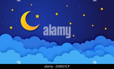 Fond de vecteur de ciel nocturne de lune en croissant de papier coupé avec des étoiles de bande dessinée et des nuages d'origami 3D. Rêves, espace, Ramadan et bannière météo du ciel nocturne avec lune dorée, étoiles et bordure ondulée découpée en papier Illustration de Vecteur
