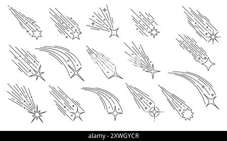 Doodle étoiles filantes, comètes spatiales et météores dans le ciel nocturne avec des icônes vectorielles de traînées de lumière. Étoiles tombantes dessinées à la main, pluie de météorites de galaxie d'univers, scintillements magiques avec des queues brillantes et des étincelles Illustration de Vecteur