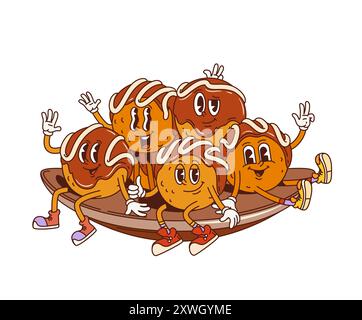 Dessin animé rétro groovy japonais Takoyaki personnages de la cuisine asiatique, vecteur funky compris Groovy drôle Happy Takoyaki Balls grignoter dans l'assiette avec des visages souriants et un geste de pouce vers le haut délicieux pour la cuisine japonaise Illustration de Vecteur