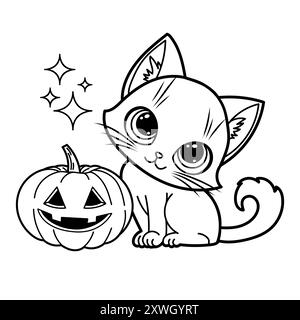 Illustration vectorielle d'adorable chaton de dessin animé assis à côté d'une Jack-o'-lanterne, parfait pour les livres de coloriage pour enfants Illustration de Vecteur